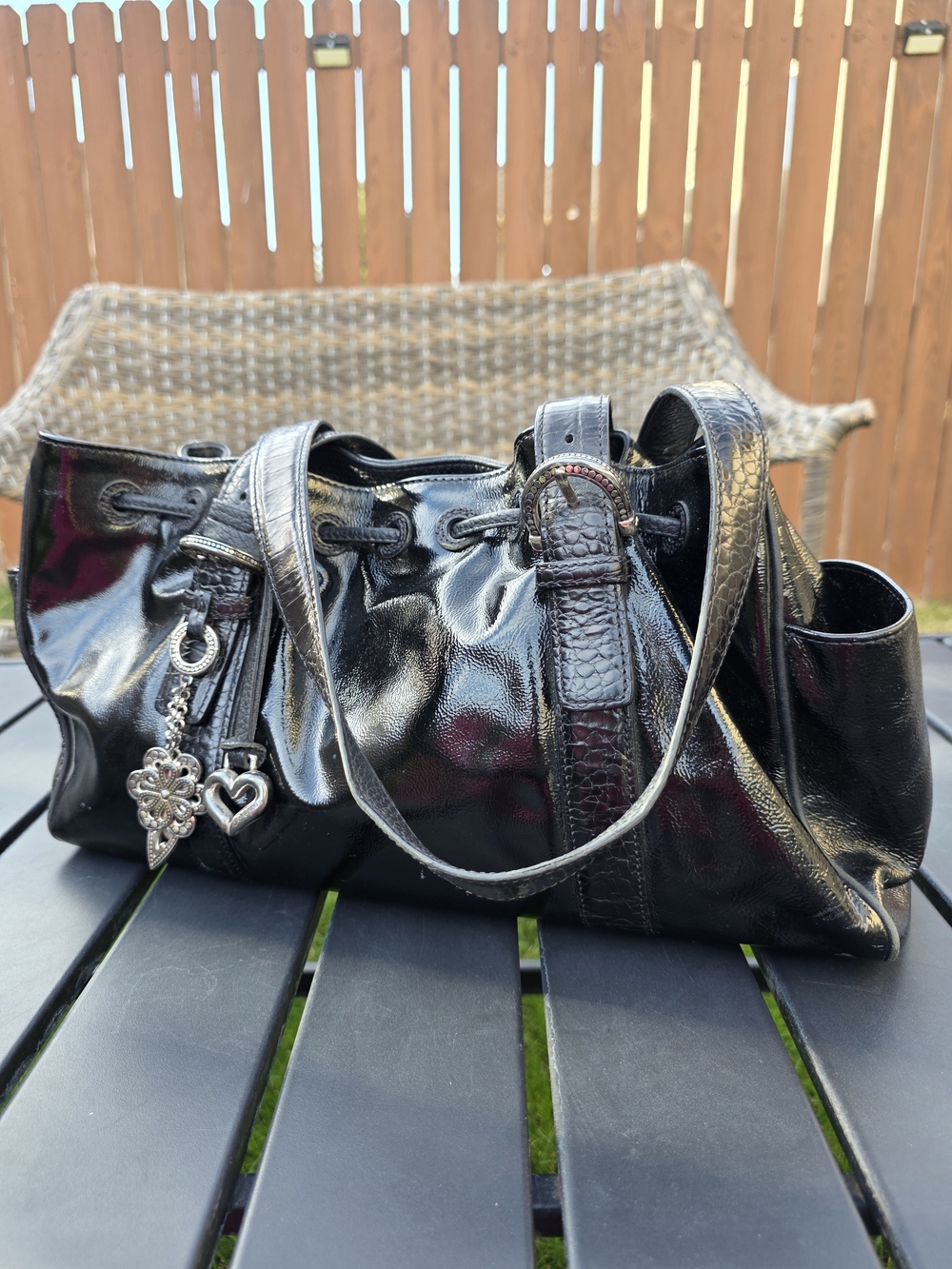 Brighton Black Patent Leather Shoulder Bag Heart Flower Charms Croc Trim Y2K GUC
